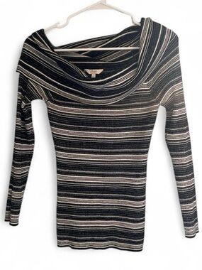 Candie’s Black White Striped Y2K Cowl Neck Off The Shoulder Boho Sweater Size L